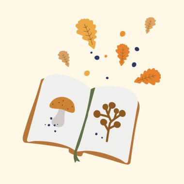 Sonbahar portakal ağacı ve mantar resimli defter. Sonbahar süsü kartpostallar için dekorasyon çizimleri bırakır