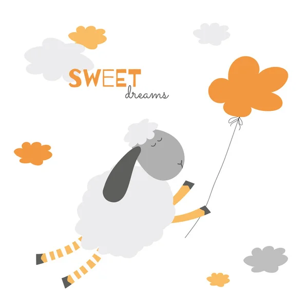 Süße Träume Schafe Vektor Illustration Mit Wolken Für Kinder Postkarten — Stockvektor