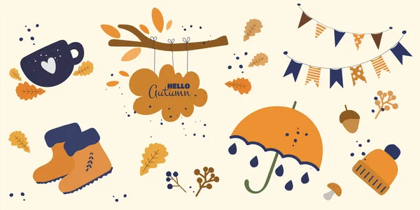 Осенняя Сезонная Векторная Уютная Иллюстрация Апельсиновыми Листьями Зонтиком Теплой Шляпой — стоковый вектор