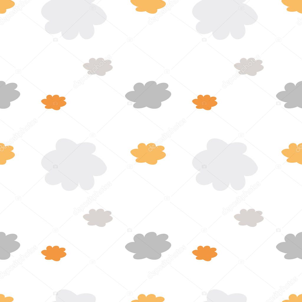 Cloud seamless pattern with orange and grey sky weather elements. Nature atmosphere art illustration for kids fabric and decoration