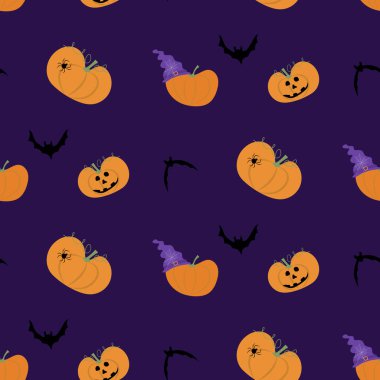 Cadılar bayramında mor arka planlı, cadılar bayramı desenli cadı şapkaları takan balkabakları. Dekorasyon ve kartpostallar için sonbahar tatil resimleri