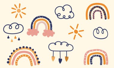 Autumn vector illustration collection with happy rainbow, clouds and sun. Beautiful fall nature sky objects paintings
