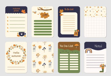 Not defteri günlüğü sayfalarının sonbahar vektör kümesi portakal yaprakları, çizmeler ve sonbahar resimleri. Okul kitabı için hoş bir dekorasyon.