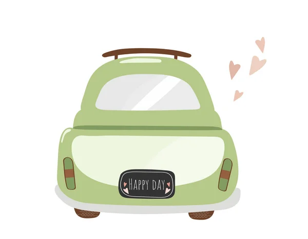 Green Cartoon Car Vector Drawing Romantic Hearts White Background Cute — Image vectorielle