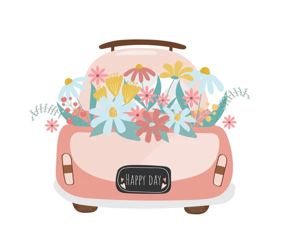 Pink Cartoon Car Vector Drawing Summer Spring Flower Bouquet White — Stock Vector