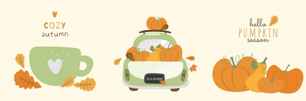 Herbstliche Vektorgemälde Mit Auto Tasse Und Kürbis Herbstgemäldesammlung Für Gemütliche — Stockvektor