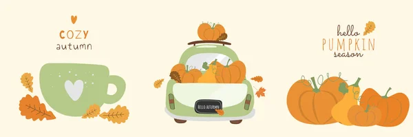 Otoño Pinturas Vectoriales Conjunto Con Coche Taza Calabaza Colección Pinturas — Archivo Imágenes Vectoriales