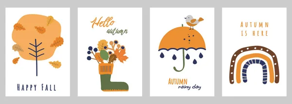 Autumn Vector Set Cartoon Illustrations Rainbow Umbrella Boot Leaves Bouquet — Stock Vector