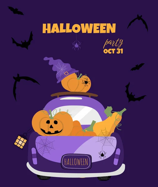 Halloween Vektor Festés Autóval Sütőtök Denevérek Ijesztő Lila Háttér Csokit — Stock Vector