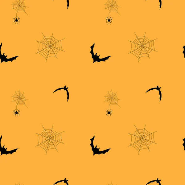 Halloween Bezešvé Vzor Netopýry Pavučiny Pavouky Text Tradičním Oranžovém Pozadí — Stockový vektor