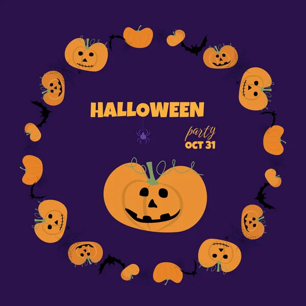 Pintura Vectorial Halloween Con Calabazas Arañas Web Sobre Fondo Violeta — Vector de stock