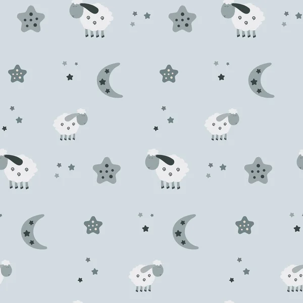 Sweet Dreams Seamless Pattern Cartoon Sheeps Moon Stars Fabric Postcards —  Vetores de Stock