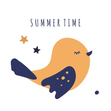 Cartoon bird with stars vector illustration for kid postcards and decoration. Cute drawings for baby gift cards and design