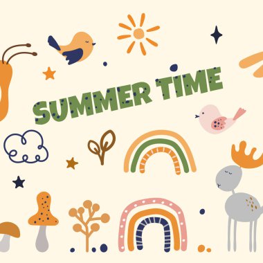 Summer day vector with forest cartoon paintings with rainbow, elk and dragonfly for postcards decoration. Trendy set of cute kid baby drawings with snail and clouds