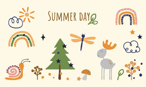 Summer Day Vector Forest Cartoon Paintings Rainbow Elk Dragonfly Postcards — 图库矢量图片