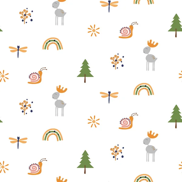 Forest Nature Animals Seamless Pattern Elk Dragonfly Tree Rainbow Decoration — Stockvector