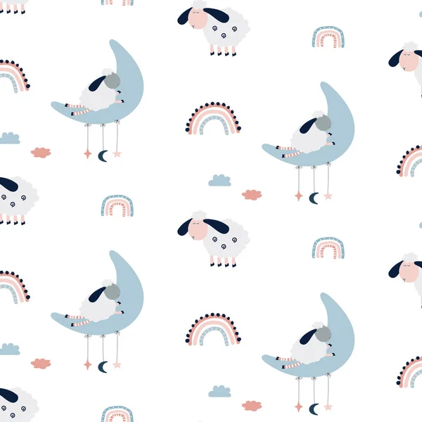 Cartoon Sheep Moon Rainbow Seamless Pattern Illustration Textile Decoration Cute — Vector de stock