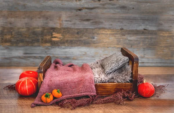 Tiny Wooden Bed Newborn Baby Photoshoot Decorated Autumn Pampkins Knitted — Stock Photo, Image
