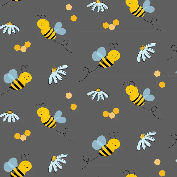 Flying Cute Bees Seamless Pattern Vector Cartoon Black Yellow Bumblebees — Stock Vector