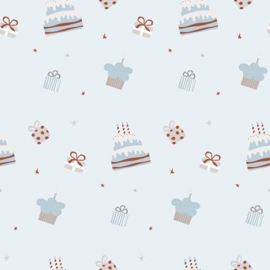 Pastalar ve hediye kutularıyla kusursuz bir doğum günü şablonu. Çocukların kumaş ve dekorasyonu için duvar kağıdı tasarımı kutlaması