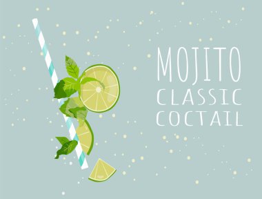 Alkolsüz mojito malzemeleri ve mavi arkaplanda yazı. Yaz için limon ve nane likörü.