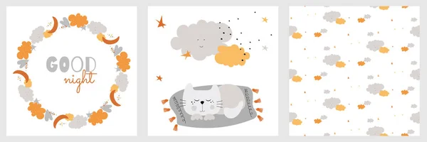 Sleeping Cat Cartoon Vector Illustration Set Good Night Text Moon — Stock Vector