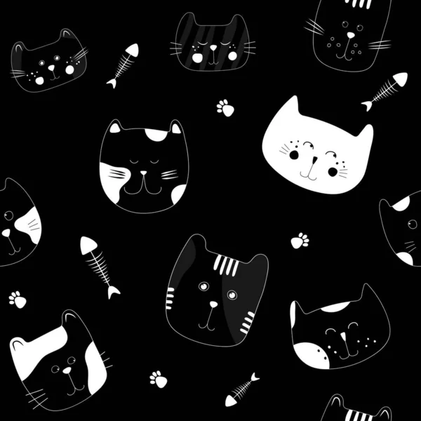 Kitty Chat Motif Sans Couture Avec Des Schelettons Poisson Pattes — Image vectorielle