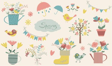 Çiçekli ve bahar yaz seti desenli çiçek desenli. Kağıt ve davetiye için botanik romantik buketler vektör tasarımı