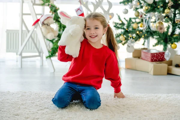 Child Girl Christmas Time Sitting Carpet Room Decorated Tree Gifts — Stock Photo, Image