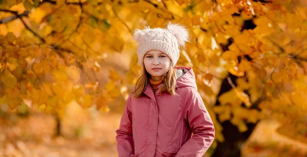 Preteen Girl Kid Autumn Park Yellow Leaves Standing Looking Camera — Stock Photo, Image