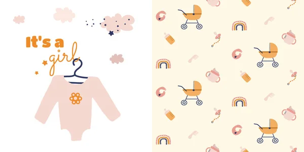 Niedlicher Kinderwagen Milchflasche Und Schnuller Mit Regenbogennahtlosem Muster Für Babytextilien — Stockvektor