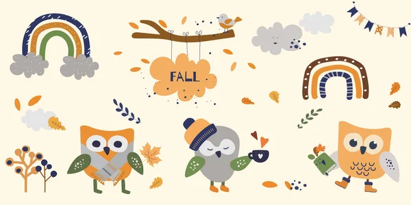 Leuke Uilen Met Hoed Paraplu Herfst Vector Verf Cartoon Vogel — Stockvector