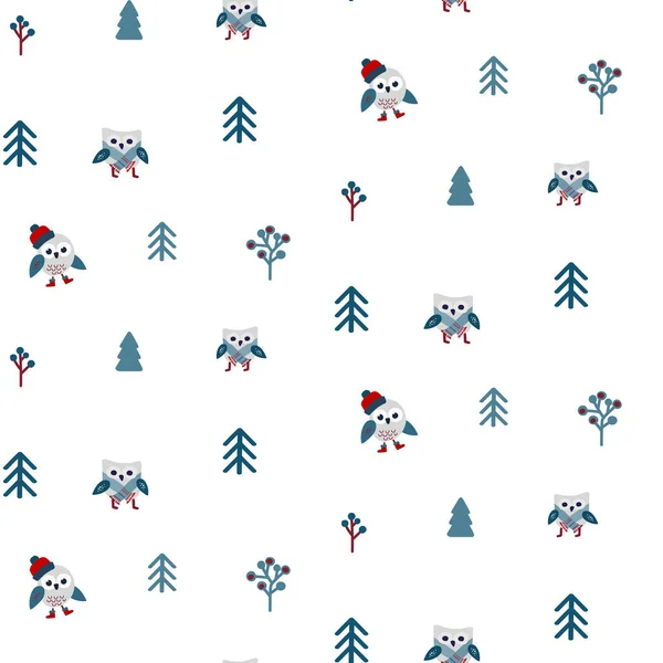 サンタの帽子とクリスマスツリーのシームレスなパターンを身に着けている漫画のフクロウ かわいい鳥やクリスマスの休日の要素とお祭りの塗料 — ストックベクタ