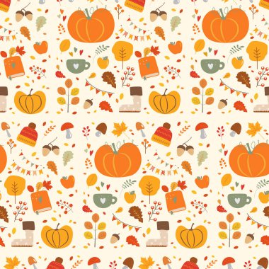 Balkabağı, kupa, kitap ve yapraklarla sonbahar renksiz deseni. Güzel sonbahar serisi çizimleri koleksiyonu