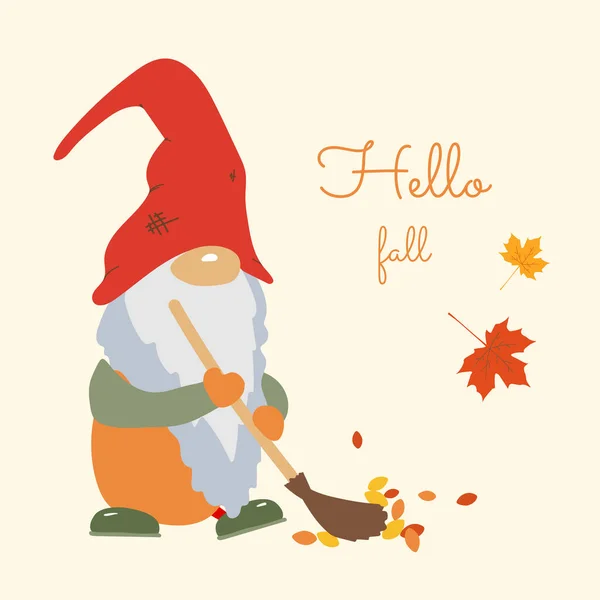Herbstelfen Mit Hüten Reinigen Gelbe Blätter Mit Vektorfarben Cartoon Süße — Stockvektor