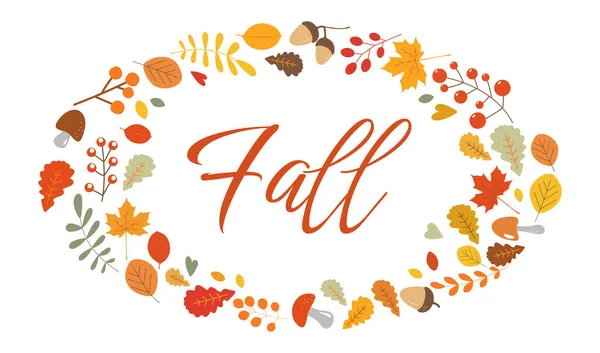 Renkli yapraklar, mantarlar ve meşe palamudu içeren sonbahar çelenkleri. Metin ile çizgi film çizimlerini sonbahar düşür