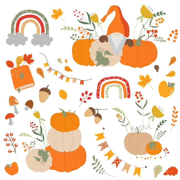 Elfes Automne Portant Des Chapeaux Avec Des Citrouilles Illustration Vectorielle — Image vectorielle