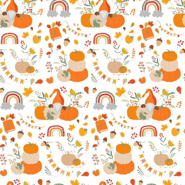 Herfst Elfen Dragen Hoeden Met Pompoenen Oogst Vector Illustratie Als — Stockvector