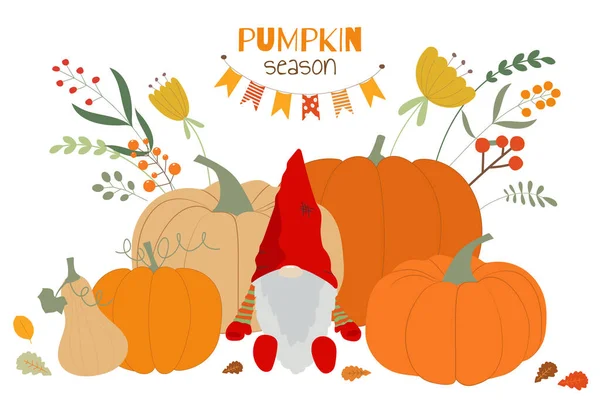 Autumn Elfs Wearing Hats Pumpkins Harvest Vector Illustration Symbol Autumn — Stock Vector