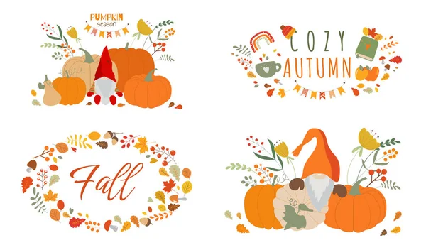 Herbstelfen Mit Hüten Mit Kürbiserntevektorillustration Als Symbol Der Herbstferien Niedliche — Stockvektor