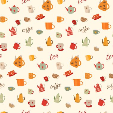 Mugs and kettles in different design seamless pattern for design. Tea and coffee time cartoon paintings set with colorful cups