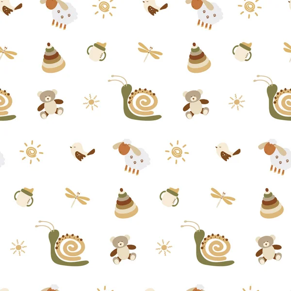 Cute Paintings Milk Bottle Sun Bird Newborn Baby Seamless Pattern — Stockvector