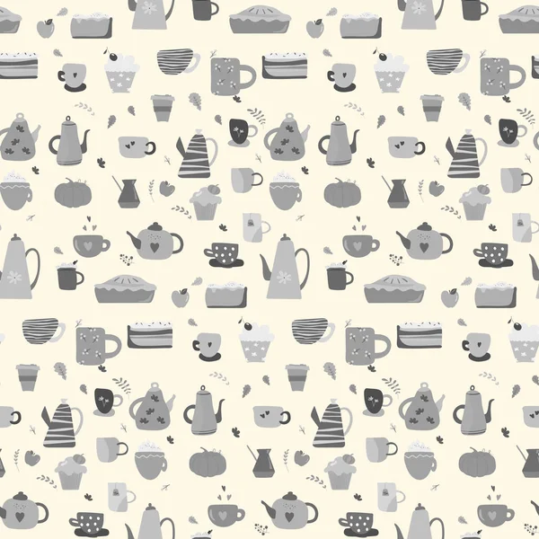 Breakfast Time Seamless Pattern Mug Cupcake Kettle Grey Blue Colors — Stock Vector