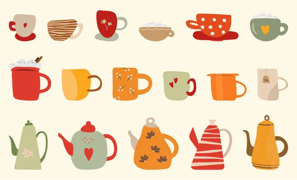 Mugs Kettles Different Design Vector Paintings Tea Time Cartoon Paintings — Wektor stockowy