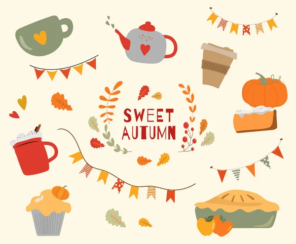 Sweet Autumn Cozy Vector Paintings Cup Pumpkin Cupcake Kettle Fall — Stockvektor