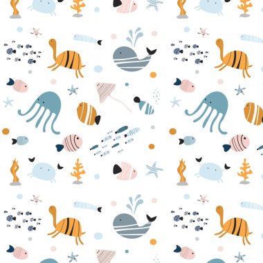 Su altı dünyasının çocuk çizimi. Kusursuz desen