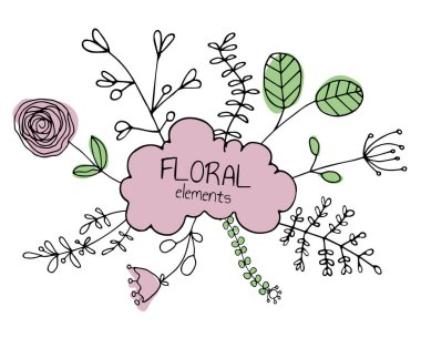 Çiçekli ve yapraklı bitkisel grafik vektör resimleri. Bitki seti dekoratif elementler çizer