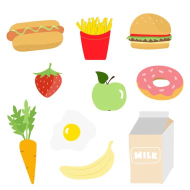 Renkli yemek menüsü, ekmek, yumurta ve sebzeli meyve. Hamburger ve Fransız patatesi ile öğle ve kahvaltı.