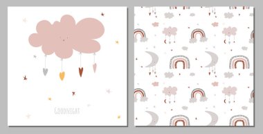 Yıldızlı bulut, ay ve gökkuşağı beyaz arka planda bebek rüyaları süslemesi için şirin vektör boyası. Çocuklar için gökyüzü elementleri, kumaş ve kartpostallar.