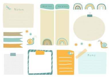 Printable planner template in vector with cartoon rainbow drawings for children with wish list and notes. Calendar organizer with ilustration